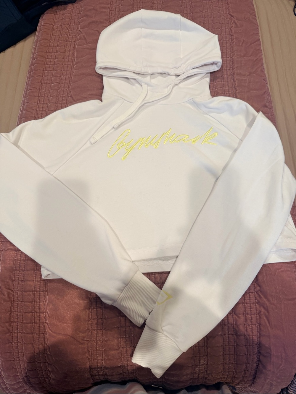 Gymshark White Cropped Hoodie with Yellow Script